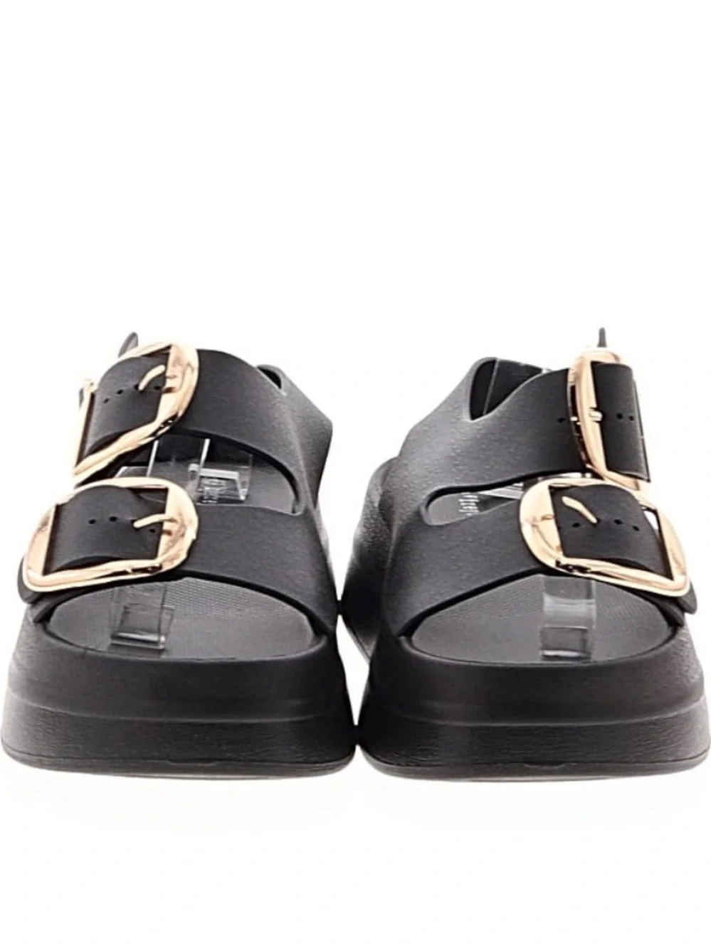 Jeffrey Campbell Black Slide Sandals with Gold Buckles